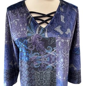 Chico's Midnight Velvet Lace Up Patchwork Tunic Top Sz. 1 M 8 10 Witchy Gothic